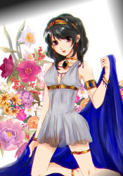 Rule 34 | 1girl, armlet, artist request, bed sheet, black hair, circlet, dress, flower, jewelry, red river, solo, suzuki yuri