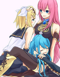 Rule 34 | 3girls, :d, aqua eyes, aqua hair, armband, asymmetrical sleeves, bad id, bad pixiv id, bare shoulders, belt, black detached sleeves, blonde hair, blue gemstone, blush, boots, breast rest, breasts, brooch, closed eyes, cross-laced footwear, crying, detached sleeves, eye contact, female focus, gem, girl on top, hair ornament, hair ribbon, hairclip, hand on another&#039;s head, happy, hatsune miku, headpat, jewelry, kagamine rin, knee boots, koma (remi 398), lace-up boots, long hair, looking at another, lying, megurine luka, multiple girls, on stomach, open mouth, pink hair, ribbon, sad, short hair, side slit, simple background, single sleeve, sitting, skirt, sleeveless, smile, tears, thighhighs, twintails, uneven sleeves, vocaloid, yellow detached sleeves, yellow footwear, yuri