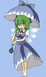 Rule 34 | circled 9, 1girl, barefoot, bow, breasts, cirno, cirno (cosplay), cosplay, dress, female focus, full body, green hair, kazami yuuka, kujira lorant, red eyes, short hair, solo, touhou, umbrella, wings