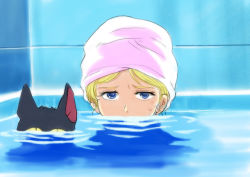 Rule 34 | 1girl, bath, blue eyes, cat, commentary request, gacha-m, gundam, looking at viewer, mobile suit gundam, sayla mass, short hair, water