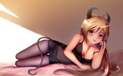Rule 34 | 1girl, bare shoulders, blonde hair, breasts, cleavage, demon girl, demon tail, devil girl, dxlsmax (lizhimin), highres, horns, long hair, lying, on side, open mouth, original, pantyhose, purple eyes, smile, solo, tail, thigh gap, thighs