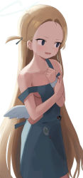 Rule 34 | 1girl, apron, backlighting, blonde hair, blue apron, blue archive, blush, breasts, collarbone, embarrassed, female focus, halo, highres, long hair, looking away, mini wings, nagauchi, naked apron, nervous smile, no bra, simple background, small breasts, smile, solo, sora (blue archive), sweat, two side up, very long hair, white background, wings