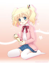 Rule 34 | 10s, 1girl, alice cartelet, blonde hair, blue eyes, blue skirt, blush, bow, bowtie, commentary request, doll, eyelashes, full body, hair ornament, hair stick, holding, houbunsha, jacket, kahis (sweetbriar), kin-iro mosaic, long sleeves, looking at viewer, open clothes, open jacket, open mouth, pleated skirt, shirt, short twintails, sitting, skirt, solo, thighhighs, twintails, wariza, watermark, web address, white shirt, white thighhighs, zettai ryouiki