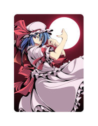 Rule 34 | 1girl, blue hair, female focus, fuyuwa kotatsu, hat, moon, red eyes, remilia scarlet, solo, standing, touhou