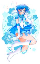 Rule 34 | 1girl, bishoujo senshi sailor moon, blue eyes, blue hair, boots, bubble, gloves, highres, magical girl, mizuno ami, sailor mercury, short hair, short sleeves, star (symbol), teruhii