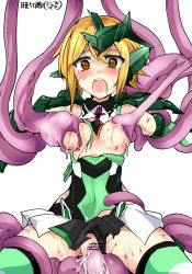 Rule 34 | 1girl, akatsuki kirika, armor, blonde hair, blood, breast sucking, breasts, breasts out, character name, clothing aside, copyright name, headgear, highres, injury, mos yen, open mouth, panties, panties aside, pussy, restrained, scratches, senki zesshou symphogear, tentacle sex, tentacles, torn clothes, underwear, vaginal