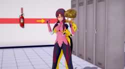 Rule 34 | 1boy, 1girl, aida kensuke, arrow (symbol), blush, grabbing another&#039;s breast, breasts, brown hair, feet out of frame, fire extinguisher, glasses, gloves, grabbing, grabbing from behind, hand up, headband, hetero, highres, impossible clothes, indoors, locker, locker room, long hair, makinami mari illustrious, medium breasts, neon genesis evangelion, one eye closed, opaque glasses, open mouth, pink gloves, plugsuit, rebuild of evangelion, red-framed eyewear, red hair, round eyewear, short hair, standing, twintails, wink, yellow gloves