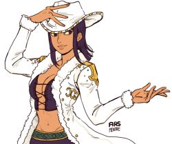 Rule 34 | 1girl, arms up, arsmentae, blunt ends, coat, commentary, cowboy hat, crop top, cross-laced clothes, cross-laced top, english commentary, hand on headwear, hat, highres, light smile, long coat, looking to the side, medium hair, navel, nico robin, one piece, purple eyes, purple hair, purple shirt, purple skirt, shirt, simple background, skirt, solo, watermark, white background, white coat, white hat
