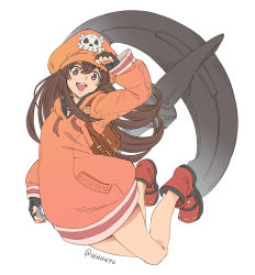 Rule 34 | 1girl, :d, anchor, backpack, bag, black gloves, brown hair, fingerless gloves, full body, gloves, guilty gear, guilty gear strive, hat, legs, long hair, long sleeves, looking at viewer, may (guilty gear), open mouth, orange hat, pink eyes, red footwear, shoes, simple background, skull and crossbones, smile, solo, twitter username, vinhnyu, white background