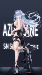 Rule 34 | 1girl, absurdres, anti-materiel rifle, azur lane, bare shoulders, black dress, breasts, bullpup, cleavage, combat knife, dress, gun, hair between eyes, handgun, high heels, highres, holding, holding gun, holding weapon, holster, iue (artist), jewelry, knife, large breasts, long hair, looking at viewer, muzzle device, official alternate costume, pistol, pumps, rifle, ring, scope, side slit, sleeveless, sleeveless dress, sniper rifle, solo, sovetsky soyuz (azur lane), sovetsky soyuz (skyfall agent) (azur lane), thigh holster, very long hair, weapon