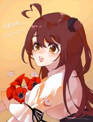Rule 34 | 1girl, :d, ahoge, amahara nue, artist name, assault lily, black ribbon, black scrunchie, black skirt, blush, brown hair, flower, gradient background, hair between eyes, hair ornament, hair scrunchie, hands up, heart, heart ahoge, high-waist skirt, highres, long hair, looking at viewer, looking to the side, one side up, open mouth, orange background, orange eyes, outstretched arms, red flower, ribbon, school uniform, scrunchie, shirt, skirt, sleeve ribbon, sleeves past elbows, smile, solo, takasuga tsukushi, teeth, translated, upper body, upper teeth only, white flower, white shirt, yurigaoka girls academy school uniform