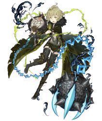 Rule 34 | 1boy, ahoge, blood, boots, chain, club, club (weapon), flail, full body, fur collar, garter straps, gloves, green eyes, green hair, ji no, knee boots, long coat, long nose, looking at viewer, male focus, official art, pinocchio (sinoalice), shorts, single glove, sinoalice, solo, spiked club, suspenders, thighhighs, thighhighs under boots, tongue, tongue out, torn clothes, transparent background, weapon