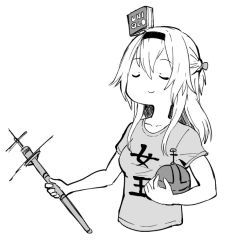 Rule 34 | 10s, 1girl, alternate costume, braid, breasts, collarbone, commentary, closed eyes, french braid, globus cruciger, greyscale, hair between eyes, hairband, kantai collection, long hair, monochrome, scepter, shirt, short sleeves, simple background, small breasts, smile, solo, t-shirt, takatsuki nato, translated, uniqlo, upper body, warspite (kancolle), white background