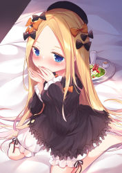Rule 34 | 1girl, abigail williams (fate), barefoot, bed sheet, black bow, black dress, black hat, blonde hair, bloomers, blue eyes, blush, bow, bug, butterfly, commentary request, dress, fate/grand order, fate (series), food, forehead, hair bow, hands up, hat, insect, long hair, long sleeves, murasakio, orange bow, parted bangs, parted lips, plate, polka dot, polka dot bow, sitting, solo, tray, underwear, very long hair, wariza, white bloomers