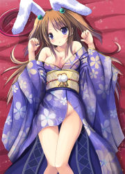 Rule 34 | 1girl, alcohol, animal ears, bare legs, bare shoulders, blush, breasts, brown hair, rabbit ears, cleavage, cup, drink, female focus, floral print, from above, furisode, groin, hair bobbles, hair ornament, japanese clothes, kimono, legs, long hair, looking at viewer, lying, no panties, obi, off shoulder, on back, open clothes, open kimono, purple eyes, sakazuki, sake, sash, shy, solo, syakatan, twintails, yukata