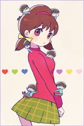 Rule 34 | 10s, 1girl, 6+boys, :3, :d, ayu (mog), black hair, blazer, blush, border, bow, brothers, brown hair, chibi, climbing, cowboy shot, eyebrows, falling, hair bow, hairband, half-closed eyes, heart, jacket, long sleeves, looking at viewer, low twintails, matsuno choromatsu, matsuno ichimatsu, matsuno jyushimatsu, matsuno karamatsu, matsuno osomatsu, matsuno todomatsu, mini person, miniboy, miniskirt, multiple boys, on head, open mouth, osomatsu-kun, osomatsu-san, osomatsu (series), pants, person on head, plaid, plaid skirt, revision, school uniform, sextuplets, short twintails, siblings, simple background, skirt, smile, solo focus, turtleneck, twintails, yellow bow, yowai totoko