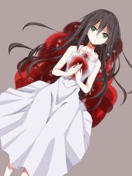 Rule 34 | 1girl, black hair, blood, blood on clothes, dress, flower, from above, green eyes, grey background, hair between eyes, highres, holding, holding flower, id :invaded, long hair, looking at viewer, lying, on back, own hands together, pool of blood, simple background, white dress