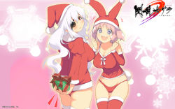 Rule 34 | 2girls, :d, animal ears, arms behind back, arms up, blue eyes, blush, breasts, rabbit ears, rabbit tail, christmas, cleavage, embarrassed, eyepatch, gift, hat, hibari (senran kagura), highres, holding, holding gift, large breasts, leaning forward, logo, long hair, looking away, multiple girls, official art, open mouth, pink background, pink hair, red eyes, ribbon, santa costume, santa hat, senran kagura, short hair, short twintails, smile, snowflakes, symbol-shaped pupils, tail, thighhighs, twintails, white hair, white ribbon, yaegashi nan, yagyu (senran kagura)