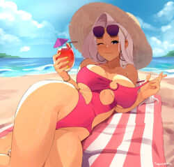 Rule 34 | 1girl, beach, blue eyes, blue sky, blush, breasts, closed mouth, cloud, collarbone, commentary, cup, day, drink, english commentary, eyewear on head, hat, holding, holding cup, june (squeezable), large breasts, long hair, looking at viewer, lying, mole, mole on breast, mole under eye, ocean, on side, one-piece swimsuit, one eye closed, original, outdoors, red one-piece swimsuit, sky, smile, solo, squeezable (squeezabledraws), straw hat, sunglasses, swimsuit, thighs, white hair