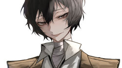 Rule 34 | 1boy, absurdres, bandaged neck, bandages, black hair, brown eyes, brown jacket, bungou stray dogs, collared shirt, dazai osamu (bungou stray dogs), hair between eyes, highres, jacket, looking at viewer, male focus, open mouth, portrait, shirt, short hair, simple background, smile, solo, white shirt, ya ta