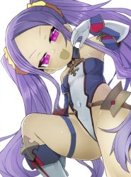 Rule 34 | 1girl, armor, bare shoulders, blue gloves, blue leotard, boots, bradamante (fate), bradamante (fate) (cosplay), bradamante (first ascension) (fate), breasts, cosplay, elbow gloves, fate/grand order, fate (series), faulds, forehead, gloves, hair ornament, hair scrunchie, highleg, highleg leotard, highres, izuoku, leotard, long hair, looking at viewer, open mouth, parted bangs, purple eyes, purple hair, scrunchie, sidelocks, small breasts, smile, solo, thigh boots, thigh strap, thighhighs, twintails, two-tone gloves, two-tone leotard, very long hair, white gloves, white leotard, wu zetian (fate), yellow scrunchie