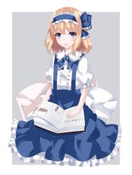 Rule 34 | 1girl, alice margatroid, alice margatroid (pc-98), blonde hair, blue eyes, blue ribbon, blue skirt, book, book on lap, bow, commentary, frilled shirt collar, frilled skirt, frills, grey background, hairband, highres, holding, holding book, lolita hairband, looking at viewer, nanatuki13, neck ribbon, open book, parted lips, petticoat, puffy short sleeves, puffy sleeves, ribbon, shirt, short hair, short sleeves, simple background, sitting, skirt, solo, suspender skirt, suspenders, touhou, touhou (pc-98), white bow, white shirt
