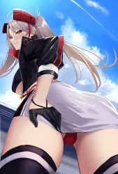 Rule 34 | 1girl, ass, azur lane, belt, black gloves, black skirt, blue sky, breasts, clothing cutout, covered erect nipples, cropped jacket, from behind, from below, gloves, grey hair, half gloves, headgear, highres, jacket, large breasts, long hair, looking at viewer, looking back, miniskirt, mitsukichi, multicolored hair, official alternate costume, open clothes, open jacket, panties, panty straps, prinz eugen (azur lane), prinz eugen (final lap) (azur lane), purple jacket, race queen, red hair, red panties, skirt, sky, solo, streaked hair, two-tone hair, two-tone skirt, underboob, underboob cutout, underwear, white belt, white skirt, yellow eyes, zipper