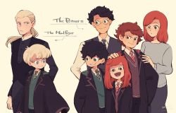 Rule 34 | 2girls, 5boys, aged up, albus severus potter, amazou, black hair, black robe, blonde hair, brown hair, father and daughter, father and son, ginny weasley, glasses, gryffindor, harry potter, harry potter (series), harry potter and the cursed child, highres, hogwarts school uniform, james sirius potter, lily luna potter, long hair, mother and daughter, mother and son, multiple boys, multiple girls, necktie, ponytail, red hair, robe, scar, scar on face, scar on forehead, school uniform, scorpius malfoy, short hair, slytherin, smile, striped neckwear, vest, wizarding world