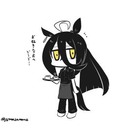 Rule 34 | 1girl, absurdres, animal ears, apron, closed mouth, coffee, collared shirt, cup, dress shirt, full body, goma (gomasamune), hair between eyes, highres, holding, holding tray, horse ears, horse girl, horse tail, long hair, looking at viewer, manhattan cafe (umamusume), monochrome, notice lines, pants, ponytail, shirt, simple background, solo, standing, steam, tail, translation request, tray, twitter username, umamusume, very long hair, white background, yellow eyes