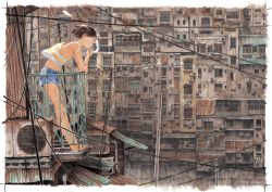 Rule 34 | 1girl, against railing, air conditioner, arm rest, backlighting, balcony, bare arms, bare legs, bare shoulders, barefoot, between fingers, blue shorts, border, brown hair, building, cigarette, cityscape, closed mouth, colored pencil (medium), crop top, denim, denim shorts, elbow rest, expressionless, floating hair, from side, fuyuno kamome, hair behind ear, half-closed eyes, hand up, holding, holding cigarette, leaning forward, leaning on object, against railing, long legs, looking away, loose clothes, midriff, mouth hold, original, outdoors, power lines, profile, railing, scenery, short hair, short shorts, shorts, sleeveless, slums, smoke, smoking, solo, standing, striped, striped tank top, tank top, tile roof, traditional media, utility pole, white border, wide shot, wind