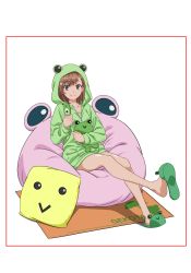 Rule 34 | 1girl, absurdres, animal hood, artist request, bean bag chair, border, brown eyes, brown hair, cellphone, character doll, commentary request, frog, full body, gekota, green jacket, highres, hood, hooded jacket, hoodie, jacket, misaka mikoto, official art, phone, pillow, red border, rug, short hair, simple background, sitting, slippers, solo, stuffed animal, stuffed frog, stuffed toy, toaru majutsu no index, white background