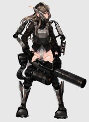 Rule 34 | 1girl, armor, armored boots, bad id, bad pixiv id, black gloves, boots, brown eyes, brown hair, full body, gloves, grey background, groin, gun, helmet, highres, holding, holding gun, holding weapon, ihobus, jacket, leotard, long hair, original, simple background, solo, weapon