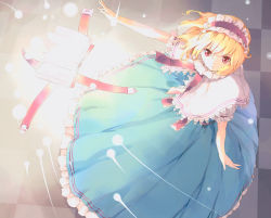 Rule 34 | 1girl, alice margatroid, alternate eye color, blonde hair, blue dress, book, capelet, checkered background, dress, frills, hairband, highres, light particles, lolita hairband, looking at viewer, open book, outstretched arm, red eyes, ribbon, sash, scan, short hair, solo, touhou, ueda ryou