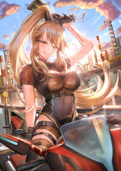 Rule 34 | 1girl, :p, arm up, belt, black gloves, black thighhighs, blonde hair, blush, breasts, chinese clothes, cloud, gloves, gun, high ponytail, himonoata, long hair, looking at viewer, motor vehicle, motorcycle, ponytail, samir (tower of fantasy), short sleeves, sidelocks, skin tight, sky, solo, sunset, tattoo, thigh strap, thighhighs, tongue, tongue out, tower of fantasy, very long hair, weapon, yellow eyes