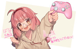 Rule 34 | 1girl, :d, absurdres, ahoge, blush, brown background, brown eyes, brown hoodie, clenched hand, collarbone, controller, copyright request, drawstring, dutch angle, game controller, glasses, grey-framed eyewear, hairband, highres, holding, hood, hood down, hoodie, long hair, long sleeves, looking at viewer, low twintails, open mouth, partner (kprtnr), pink hair, puffy long sleeves, puffy sleeves, red hairband, semi-rimless eyewear, sleeves past wrists, smile, solo, translation request, twintails, two-tone background, under-rim eyewear, upper body, v-shaped eyebrows, white background