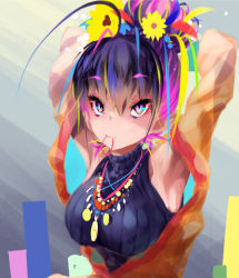 Rule 34 | 1girl, armpits, arms behind head, arms up, bare shoulders, blonde hair, blue eyes, blue hair, blush, breasts, cluseller, female focus, flower, gradient background, green hair, hair bun, hair flower, hair ornament, hair tie, highres, jacket, jewelry, large breasts, light blush, long sleeves, looking up, mouth hold, multicolored eyes, multicolored hair, necklace, orange jacket, original, pink hair, purple eyes, purple hair, red hair, ribbed shirt, shirt, simple background, single hair bun, sleeveless, sleeveless shirt, solo, streaked hair, tying hair, upper body, yellow eyes, yellow flower