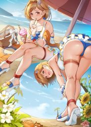 Rule 34 | 1girl, ass, basket, beach, bent over, blonde hair, blush, breasts, brown eyes, djeeta (granblue fantasy), djeeta (summer) (granblue fantasy), eating, flower, food, granblue fantasy, hair flower, hair ornament, hairband, high heels, ice cream, large breasts, looking at viewer, miazi, multiple views, one-piece swimsuit, outdoors, palm tree, parasol, picnic basket, sandals, short hair, sky, swimsuit, towel, tree, umbrella, water, white one-piece swimsuit