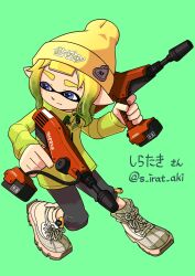 Rule 34 | 1boy, beanie, black pants, blue eyes, colored eyelashes, commentary request, cross-laced footwear, dual wielding, dualie squelcher (splatoon), full body, gradient hair, green background, gun, hat, highres, holding, holding gun, holding weapon, inkling, inkling boy, inkling player character, jacket, multicolored hair, nintendo, pants, pointy ears, short hair, simple background, solo, splatoon (series), splatoon 3, weapon, white footwear, xdies ds, yellow hat, yellow jacket