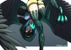 Rule 34 | 1girl, absurdres, artist name, bird legs, black feathers, black hair, black wings, blue hair, colored inner hair, cropped, feathered wings, feathers, grey background, hairband, harpy, highres, hood, hood up, hoodie, monster girl, multicolored hair, original, shorts, solo, standing, standing on one leg, talons, toipokun oyashi, two-tone background, white background, wings, yellow eyes, yellow hairband, yellow shorts