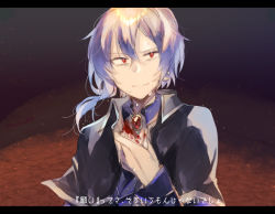 Rule 34 | 1boy, ascot, asymmetrical hair, black capelet, blood, blood on clothes, blue shirt, brooch, capelet, collared shirt, crescent, crescent earrings, crossed bangs, earrings, fumi (rdbm), hair between eyes, hand on own chest, highres, jewelry, letterboxed, looking at viewer, male focus, parted lips, purple hair, red eyes, shirt, short hair, single earring, sirius gibson, smirk, solo, sweat, translation request, upper body, white ascot, witch&#039;s heart