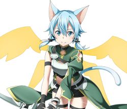 Rule 34 | 1girl, animal ears, armor, black ribbon, black shorts, blue eyes, blue hair, bow (weapon), breastplate, cat ears, cat tail, hair between eyes, hair ribbon, holding, holding bow (weapon), holding weapon, leaning forward, looking at viewer, midriff, navel, ribbon, short hair with long locks, short shorts, shorts, sidelocks, sinon (sao-alo), smile, solo, standing, stomach, sword art online, tail, thigh strap, transparent background, weapon, yellow wings