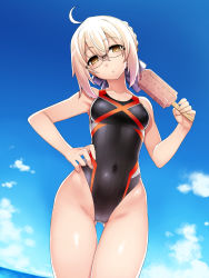 Rule 34 | 1girl, ahoge, artoria pendragon (fate), black one-piece swimsuit, blue sky, breasts, cloud, commentary request, competition swimsuit, covered navel, cowboy shot, day, fate/grand order, fate (series), food, glasses, gluteal fold, groin, hand on own hip, highleg, highleg swimsuit, highres, holding, jacket, mysterious heroine x alter (fate), namonashi, one-piece swimsuit, open clothes, open jacket, outdoors, popsicle, sky, small breasts, solo, standing, swimsuit