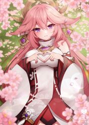 Rule 34 | 1girl, animal ears, ankkoyom, artist name, bare shoulders, cherry blossoms, commentary request, cowboy shot, earrings, floppy ears, fox ears, genshin impact, hair between eyes, heart, heart hands, highres, jewelry, long hair, looking at viewer, lying, nontraditional miko, on back, on grass, parted lips, petals, pink hair, purple eyes, shirt, sleeveless, sleeveless shirt, smile, solo, turtleneck, white shirt, white sleeves, wide sleeves, yae miko