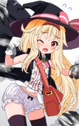 Rule 34 | 1girl, artist name, bag, black cape, black headwear, black thighhighs, blonde hair, bloomers, blush, cape, clothes lift, dated, dress, dress lift, flying sweatdrops, gloves, hair flaps, hat, hat ribbon, highres, lifting another&#039;s clothes, little witch nobeta, long hair, nobeta, one eye closed, open mouth, pink eyes, restrained, ribbon, sidelocks, sleeveless, solo focus, tears, thighhighs, underwear, very long hair, white gloves, witch hat, yamaguchi yuu