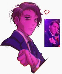Rule 34 | 1boy, animification, artist name, beard, black jacket, black necktie, brown eyes, brown hair, collared shirt, commentary, cropped torso, english commentary, facial hair, frown, hair behind ear, hallojigsawpanda, head tilt, heart, highres, jacket, jerma985, jerma985 (person), looking at viewer, male focus, mustache, necktie, photo-referenced, photo inset, pointing, real life, reference inset, shirt, solo, stubble, white shirt