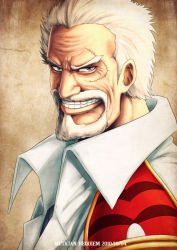 Rule 34 | 1boy, beard, brown eyes, dated, facial hair, grin, k-suwabe, looking at viewer, male focus, monkey d. garp, mustache, old, one piece, scar, smile, solo, white hair, wrinkled skin