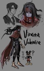 Rule 34 | clawed gauntlets, cloak, final fantasy, final fantasy vii, formal, gun, handgun, headband, highres, leather, long hair, messy hair, mickey mouse, necktie, pale skin, pointed footwear, rapio, red cloak, red eyes, red headband, revolver, short hair, suit, torn clothes, vincent valentine, weapon