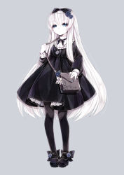 Rule 34 | 1girl, bad id, bad pixiv id, bag, black dress, black pantyhose, blue eyes, bow, dress, expressionless, full body, grey background, highres, long hair, mary janes, original, pantyhose, ribbon, shiro yurine, shoes, simple background, solo, standing, white hair