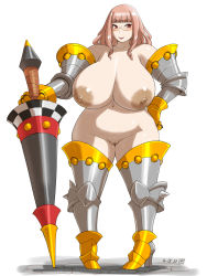 Rule 34 | 1girl, armor, blush, breasts, collarbone, dark areolae, dark nipples, doomcomic, drill hair, functionally nude, glasses, hand on own hip, high heels, highres, huge breasts, knight, lance, navel, nipples, pigeon-toed, plump, polearm, pussy, red eyes, standing, thick thighs, thighs, weapon, wide hips