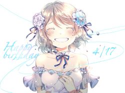 Rule 34 | 1girl, ^ ^, blue flower, blue ribbon, blush, closed eyes, collarbone, commentary request, crying, dated, detached collar, detached sleeves, earrings, facing viewer, flower, gloves, grey hair, grin, hair flower, hair ornament, hair ribbon, happy birthday, happy tears, highres, jewelry, love live!, love live! school idol festival, love live! sunshine!!, makura (makura0128), neck ribbon, necklace, own hands together, ribbon, short hair, single glove, smile, solo, tears, upper body, watanabe you, white background, white gloves, wrist ribbon